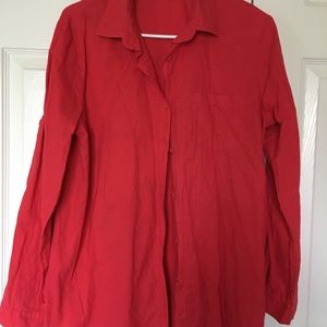 Red Linen Blouse High Low Shirt Roll-Up Sleeve Top size medium